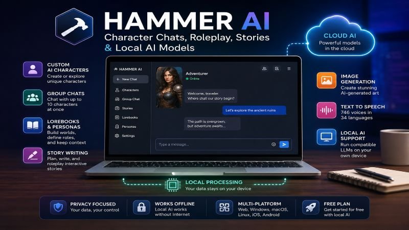 Illustration of the Hammer AI platform showing AI character chats, storytelling tools, cloud AI, local AI processing, and creative features.